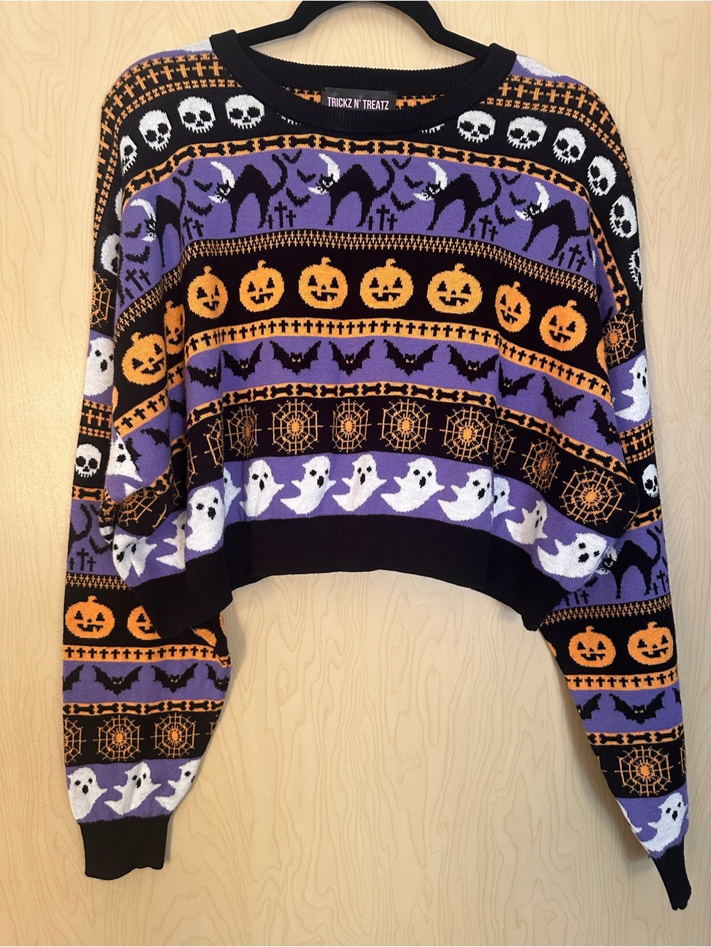 Trickz N Treatz Women's Halloween Crewneck Sweater - Purple & Orange